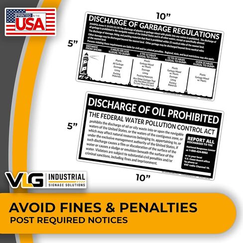 USCG Required Placards 2-Pack (5" x 10") – Garbage Discharge Notice & Oil Discharge Notice – Marine Compliance Labels – Waterproof Decals for Boats & Vessels - Black & White in Kuwait