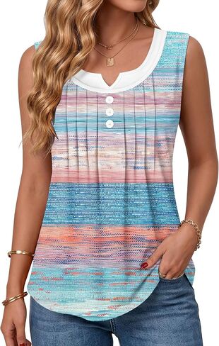 Womens Summer Tops Loose Fit Pleated Front Striped Tank Top Curved Hem Flowy Sleeveless Shirts in Saudi Arabia