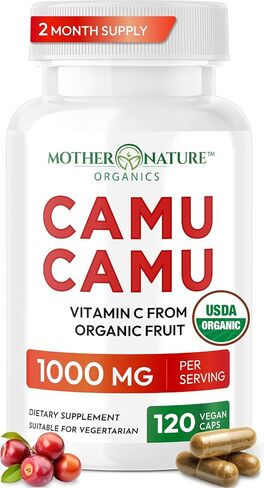 فيتامين C العضوي من كبسولات Camu Camu 1000 مجم، معبأ بفيتامين C الطبيعي، ومضادات الأكسدة الخام - مكمل لدعم المناعة ومكافحة الشيخوخة للبشرة - مسحوق عضوي، نباتي، غير معدل وراثيًا (120 قطعة) in Kuwait