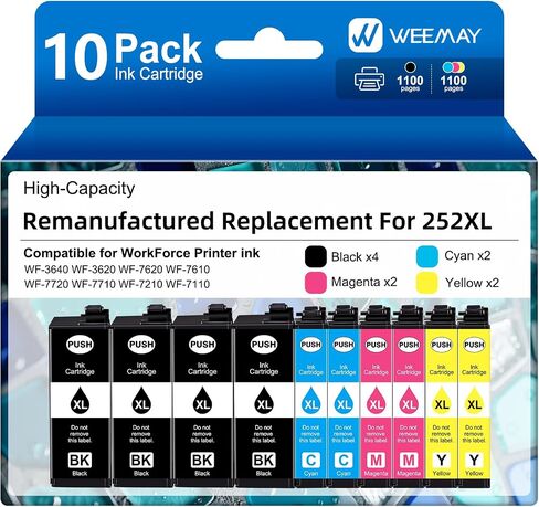 Weemay 252XL خراطيش الحبر التحرير والسرد استبدال المعاد تصنيعها لخراطيش الحبر Epson 252XL لطابعة Epson Workforce WF-3640 WF-3620 WF-7720 WF-7710 WF-7620 WF-7610 WF-7210 WF-7110 (10 عبوات) in Kuwait