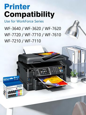 Weemay 252XL خراطيش الحبر التحرير والسرد استبدال المعاد تصنيعها لخراطيش الحبر Epson 252XL لطابعة Epson Workforce WF-3640 WF-3620 WF-7720 WF-7710 WF-7620 WF-7610 WF-7210 WF-7110 (10 عبوات) in Kuwait