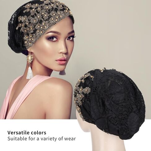 Tnfeeon Bonnet Casual Hat Fashion Beaded Lace Breathable Loose Lazy Beanie for Women(27 * 23 * 2cm Black) in Kuwait