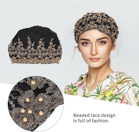 Tnfeeon Bonnet Casual Hat Fashion Beaded Lace Breathable Loose Lazy Beanie for Women(27 * 23 * 2cm Black) in Kuwait