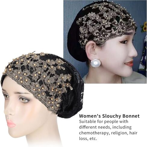 Tnfeeon Bonnet Casual Hat Fashion Beaded Lace Breathable Loose Lazy Beanie for Women(27 * 23 * 2cm Black) in Kuwait