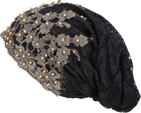 Tnfeeon Bonnet Casual Hat Fashion Beaded Lace Breathable Loose Lazy Beanie for Women(27 * 23 * 2cm Black) in Kuwait
