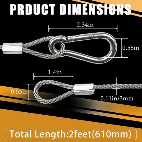 Stage Light Safety Cables, 24 Inch Stainless Steel Security Wire Rope,150 lb Load Duty Safety Cable for DJ Lights, PAR Lights, Moving Head Lights, Projector and Party Lighting Pack of 4(1/8" dia 4pcs) in Kuwait