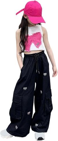 Girls Baggy Cargo Pants Soft Stylish Wide Leg High Elastic Waist Walking Joggers Preppy Y2K Aesthetic Outfit Summer in Kuwait