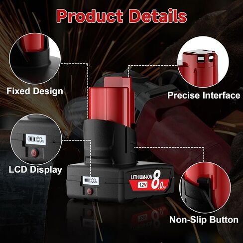 Upgraded 2Pack 8.0Ah 12V Battery Replacement for Milwaukee M12 Battery Lithium 48-11-2401 48-11-2412 48-11-2411 48-11-2420 48-11-2410 Cordless Tools in Kuwait