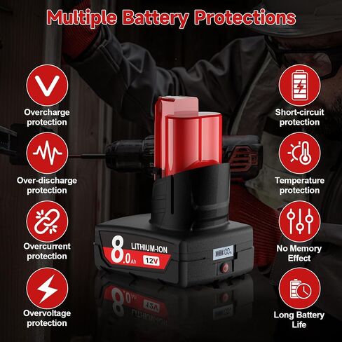 Upgraded 2Pack 8.0Ah 12V Battery Replacement for Milwaukee M12 Battery Lithium 48-11-2401 48-11-2412 48-11-2411 48-11-2420 48-11-2410 Cordless Tools in Kuwait