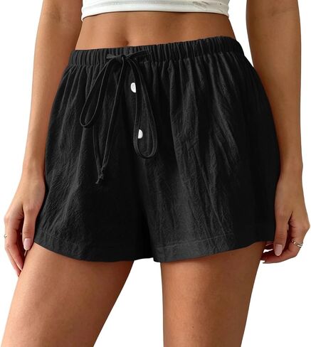Women's Summer Linen Shorts High Waisted Drawstring Wide Leg Casual Beach Vacation Lounge Shorts with Pockets in Kuwait