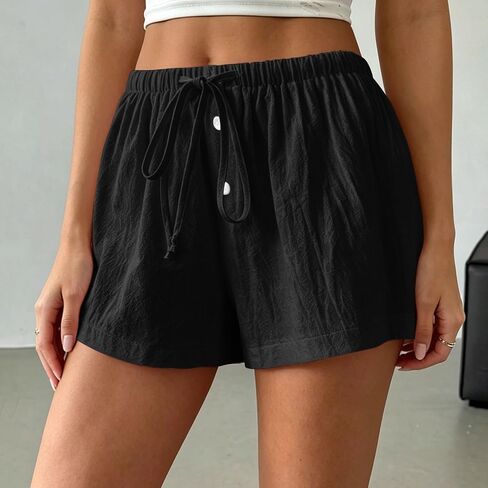 Women's Summer Linen Shorts High Waisted Drawstring Wide Leg Casual Beach Vacation Lounge Shorts with Pockets in Kuwait