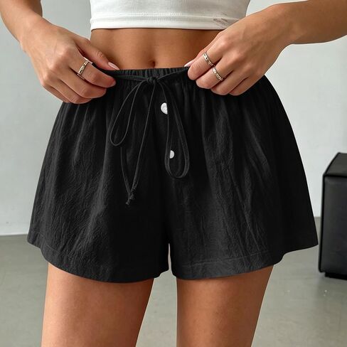 Women's Summer Linen Shorts High Waisted Drawstring Wide Leg Casual Beach Vacation Lounge Shorts with Pockets in Kuwait