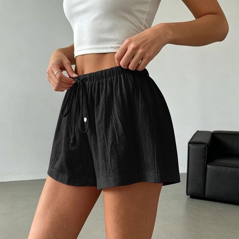 Women's Summer Linen Shorts High Waisted Drawstring Wide Leg Casual Beach Vacation Lounge Shorts with Pockets in Kuwait