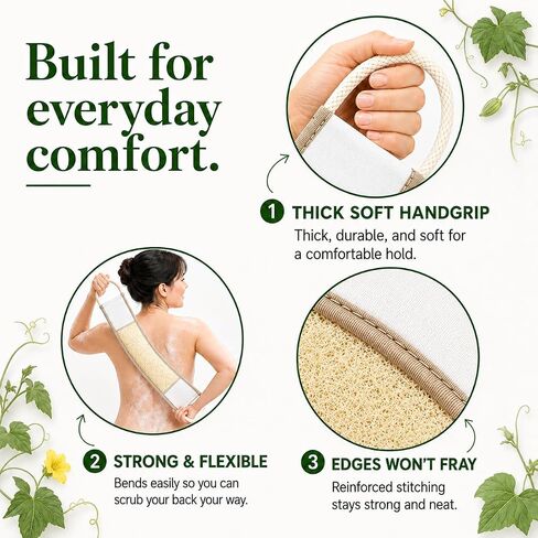 Natural Loofah Exfoliating Body Scrubber, Loofah Bath Sponge, Luffa for Women and Men, 100% Biodegradable Compostable, Dye Free, Zero Waste Eco Friendly Sustainable (Back Scrubber Pack 1) in Kuwait