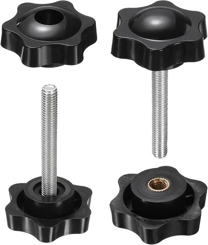 HARFINGTON 2 Set Star Knobs M6 x 45mm Male + M6 Female Thread 38mm Head Metric 6-Star Threaded Stud Clamping Handles Screw in Through Hole Hand Jig Knob Thumb Screws, Black in Kuwait