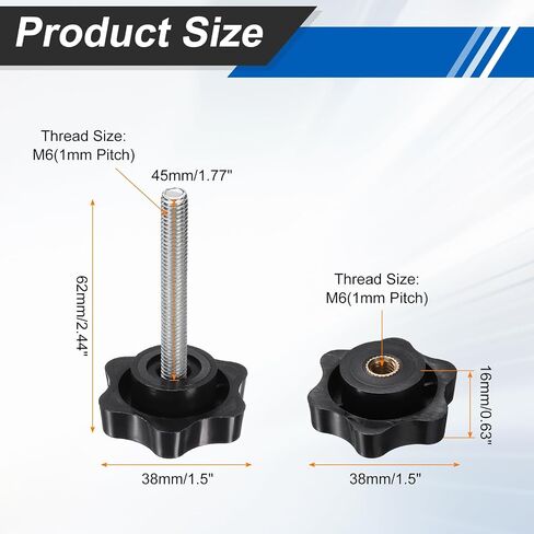 HARFINGTON 2 Set Star Knobs M6 x 45mm Male + M6 Female Thread 38mm Head Metric 6-Star Threaded Stud Clamping Handles Screw in Through Hole Hand Jig Knob Thumb Screws, Black in Kuwait