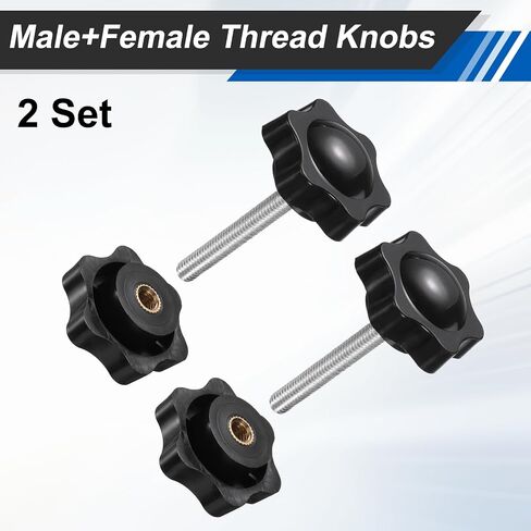 HARFINGTON 2 Set Star Knobs M6 x 45mm Male + M6 Female Thread 38mm Head Metric 6-Star Threaded Stud Clamping Handles Screw in Through Hole Hand Jig Knob Thumb Screws, Black in Kuwait