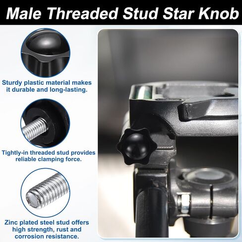HARFINGTON 2 Set Star Knobs M6 x 45mm Male + M6 Female Thread 38mm Head Metric 6-Star Threaded Stud Clamping Handles Screw in Through Hole Hand Jig Knob Thumb Screws, Black in Kuwait