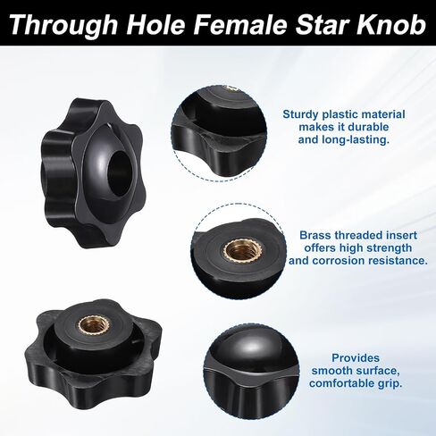 HARFINGTON 2 Set Star Knobs M6 x 45mm Male + M6 Female Thread 38mm Head Metric 6-Star Threaded Stud Clamping Handles Screw in Through Hole Hand Jig Knob Thumb Screws, Black in Kuwait