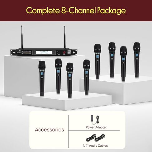 Pyle 8 Channel UHF Wireless Microphone System with 8 Handheld Mics, 300 Ft Range, Rack Mount Receiver for Karaoke, Worship, Schools & Live Events in Kuwait