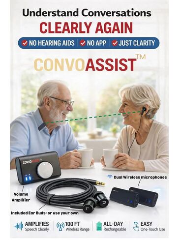 مضخم الصوت الشخصي ConvoAssist™ - جهاز استماع للمحادثات اللاسلكية مزود بميكروفونات لاسلكية مزدوجة، وحقيبة قابلة لإعادة الشحن، يساعدك على فهم المحادثات والحوار التلفزيوني in Kuwait