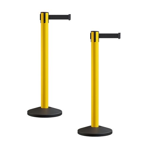 Crowd Control Warehouse CCW Series RBB-150 - مجموعة من 2 حواجز حزام قابلة للسحب - 16 قدم، حزام أسود مع عمود أصفر - سهولة التجميع in Kuwait