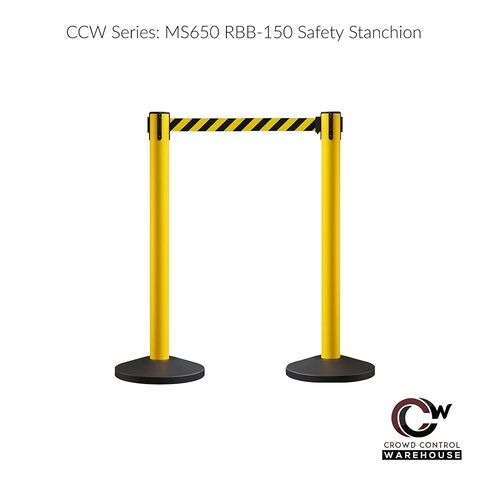 Crowd Control Warehouse CCW Series RBB-150 - مجموعة من 2 حواجز حزام قابلة للسحب - 16 قدم، حزام أسود مع عمود أصفر - سهولة التجميع in Kuwait