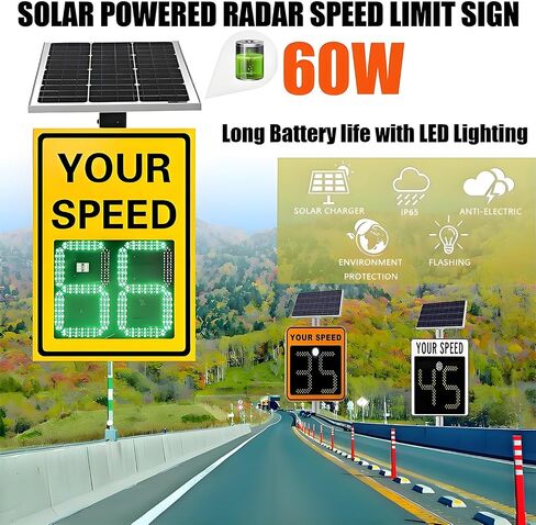 Solar Powered Radar Speed Limit Sign,LED Radar Feedback Sign Traffic Feedback Warning Board Solar Speed Radar Display for Traffic, Highway White-60 * 90cm in Kuwait