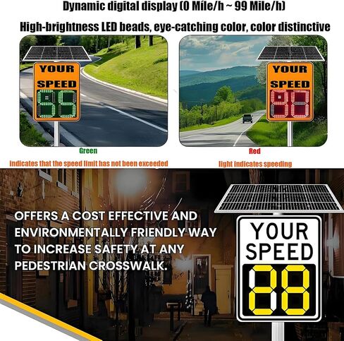 Solar Powered Radar Speed Limit Sign,LED Radar Feedback Sign Traffic Feedback Warning Board Solar Speed Radar Display for Traffic, Highway White-60 * 90cm in Kuwait