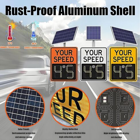 Solar Powered Radar Speed Limit Sign,LED Radar Feedback Sign Traffic Feedback Warning Board Solar Speed Radar Display for Traffic, Highway White-60 * 90cm in Kuwait