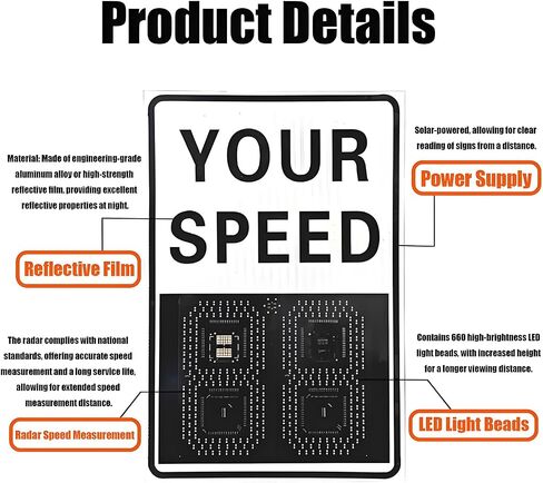 Solar Powered Radar Speed Limit Sign,LED Radar Feedback Sign Traffic Feedback Warning Board Solar Speed Radar Display for Traffic, Highway White-60 * 90cm in Kuwait