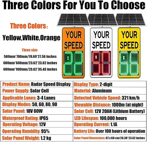Solar Powered Radar Speed Limit Sign,LED Radar Feedback Sign Traffic Feedback Warning Board Solar Speed Radar Display for Traffic, Highway White-60 * 90cm in Kuwait