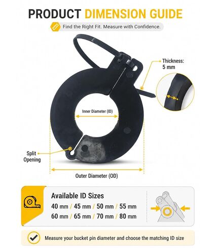 New 5mm Thick Split Bucket Pin Shims Set with Dual Lock Clips & Zip Ties ID40/45/50/55/60/65/70/80mm Spacer Washer for Mini Excavator Bucket Attachment Parts (ID 40mm) in Kuwait