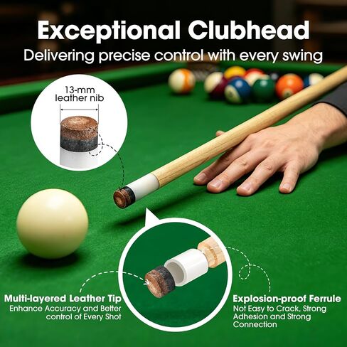 Pool Cue Sticks 42" Set of 2 Billiard Cue Sticks Multi-Size Options with Standard & Heavy Weight (12oz-20oz) for Kids, Teens & Adults Solid Birch Shaft, 13mm Leather Tip, Stainless Steel Joint in Kuwait