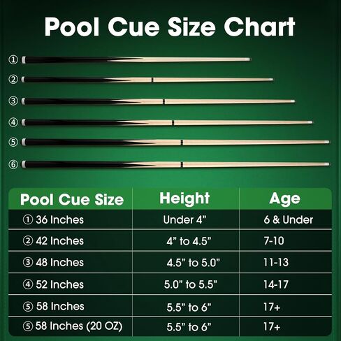 Pool Cue Sticks 42" Set of 2 Billiard Cue Sticks Multi-Size Options with Standard & Heavy Weight (12oz-20oz) for Kids, Teens & Adults Solid Birch Shaft, 13mm Leather Tip, Stainless Steel Joint in Kuwait