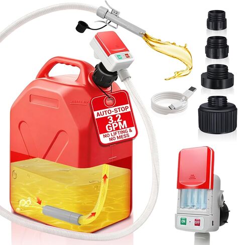 Hinada Auto-Stap Transfer Pump-USB Type-C أو طاقة البطارية ، 3.2 GPM المحمولة مع خرطوم طويل 51 '' ، 4 يمكن أن تكون محولات وتسرب الحماية لنقل النفط/الديزل/البنزين. in Kuwait