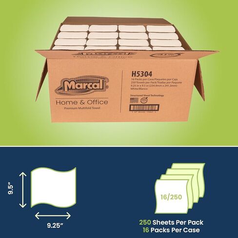 Marcal® Premium Multifold Paper Towels (H5304), 9.25" x 9.5" sheets, White, (250 Sheets/Pack, 16 Packs/Case, 4,000 Sheets/Case), Perfect for Home & Office, Away-from-Home Products, Bulk Towels in Kuwait