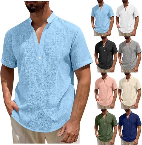 Mens Casual Henley Shirt Short Sleeve Band Collar Shirts Summer Beach Hippie T-Shirts Button Up Vacation Tops in Kuwait