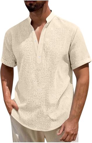 Mens Casual Henley Shirt Short Sleeve Band Collar Shirts Summer Beach Hippie T-Shirts Button Up Vacation Tops in Kuwait