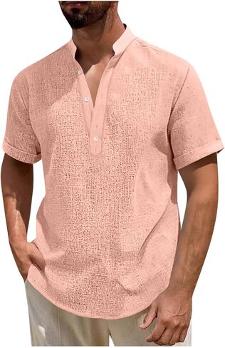 Mens Casual Henley Shirt Short Sleeve Band Collar Shirts Summer Beach Hippie T-Shirts Button Up Vacation Tops in Kuwait