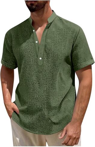 Mens Casual Henley Shirt Short Sleeve Band Collar Shirts Summer Beach Hippie T-Shirts Button Up Vacation Tops in Kuwait