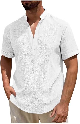 Mens Casual Henley Shirt Short Sleeve Band Collar Shirts Summer Beach Hippie T-Shirts Button Up Vacation Tops in Kuwait