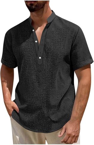 Mens Casual Henley Shirt Short Sleeve Band Collar Shirts Summer Beach Hippie T-Shirts Button Up Vacation Tops in Kuwait