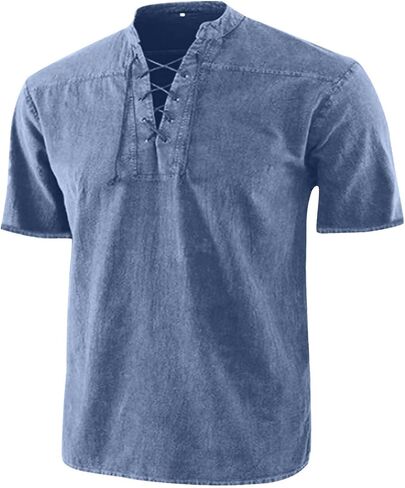 Men's Short Sleeve Pirate Shirt Vintage Medieval Retro Lace-up V Neck Stand Collar Tee Shirts Top Renaissance Costume in Kuwait