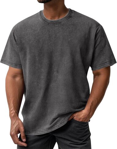 Oversized Tshirts for Men Vintage Washed T-Shirt Classic Fit Short Sleeve Round Neck Casual Baggy Distressed Tops in Kuwait