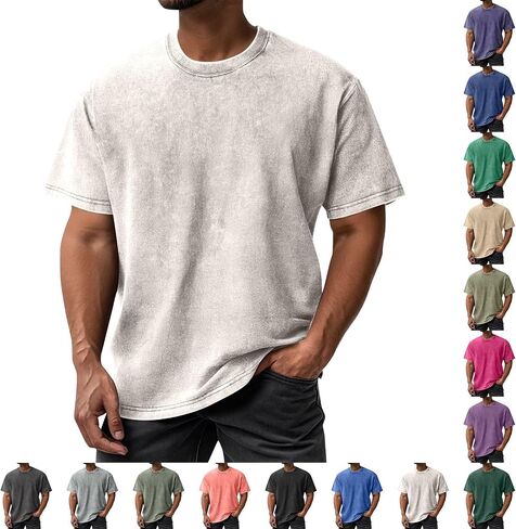 Oversized Tshirts for Men Vintage Washed T-Shirt Classic Fit Short Sleeve Round Neck Casual Baggy Distressed Tops in Kuwait