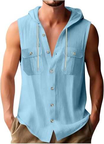 Mens Sleeveless Button Down Hoodie Tops Casual Basic Shirts Gym Athletic Summer Tshirts with Button Pocket in Kuwait