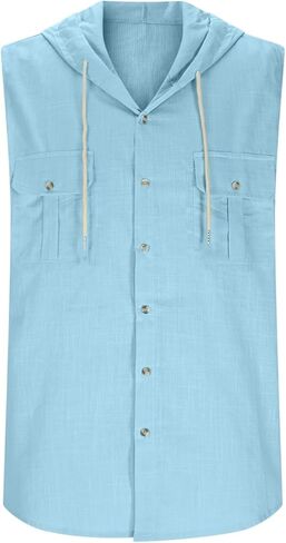 Mens Sleeveless Button Down Hoodie Tops Casual Basic Shirts Gym Athletic Summer Tshirts with Button Pocket in Kuwait