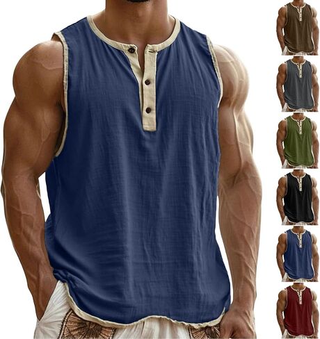 Linen T-Shirt for Men Casual Solid Color Sleeveless Tank Tops Summer Button Up V Neck Sport Shirts Lightweight Blouse in Kuwait