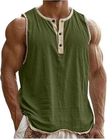 Linen T-Shirt for Men Casual Solid Color Sleeveless Tank Tops Summer Button Up V Neck Sport Shirts Lightweight Blouse in Kuwait